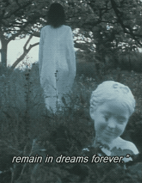 a woman in a field walking away from the camera, with a damaged bust sitting on the field in the foreground. English subtitles read 'remain in dreams forever.'