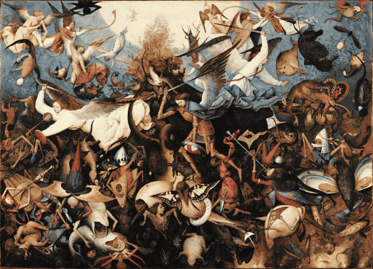 painting of angels fighting and chaotic demons clambering from the bottom