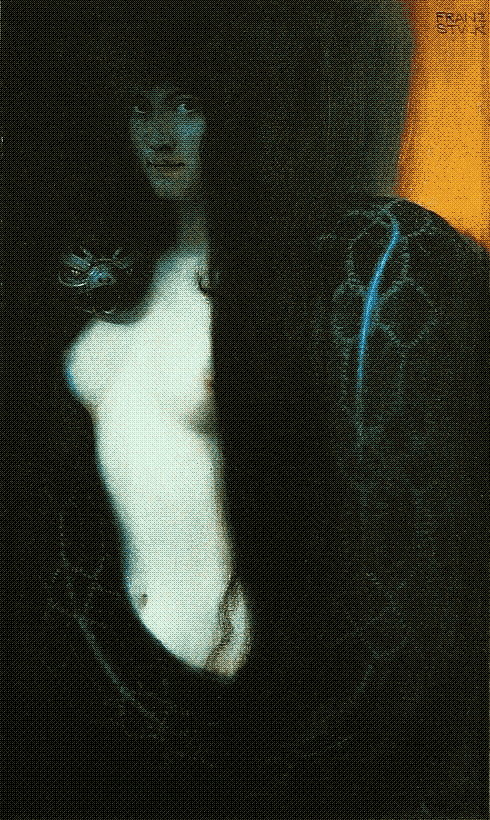 painting of a nude woman partially obscured in shadow, with a very large snake curled around her shoulders