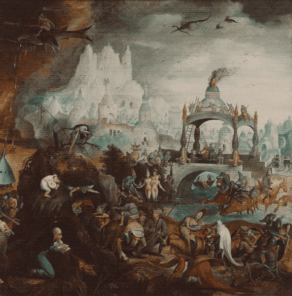 painting of a man trying to read as demons surround him