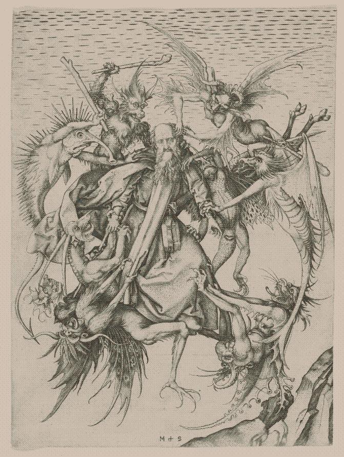 a print of an old man being tortured by many demons