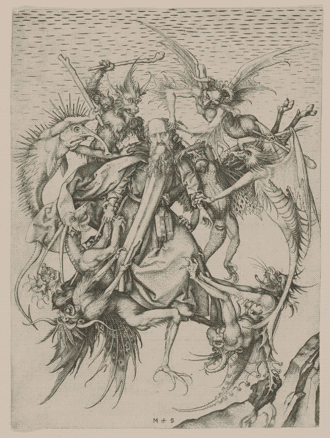 a print of an old man being tortured by many demons