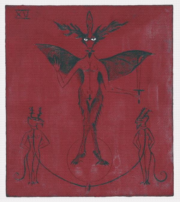 painting of a humanoid figure with breasts, hooves, wings, and antlers, standing over two smaller humanoid figures with breasts, tails, and antlers, bound to each other by a rope