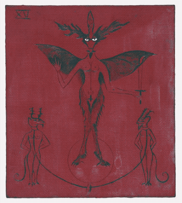 painting of a humanoid figure with breasts, hooves, wings, and antlers, standing over two smaller humanoid figures with breasts, tails, and antlers, bound to each other by a rope