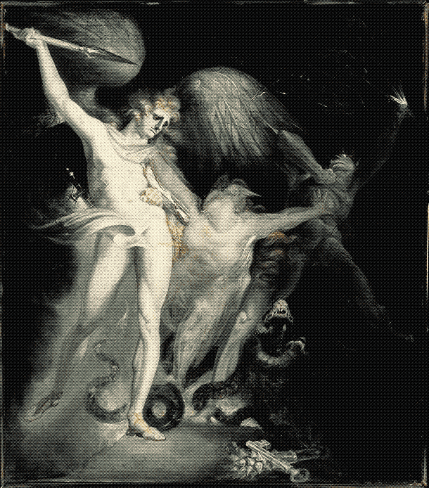 painting of a winged, nude male figure aiming to stab another nude figure, with a demon in the background and a snake at their feet