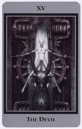 a devil tarot card with a human form in a spread-eagle pose, being impaled through their pelvic region by a horned beast, with machinery in the background