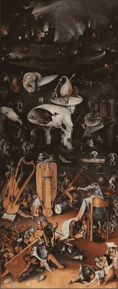 painting of hell featuring various monsters and tortures