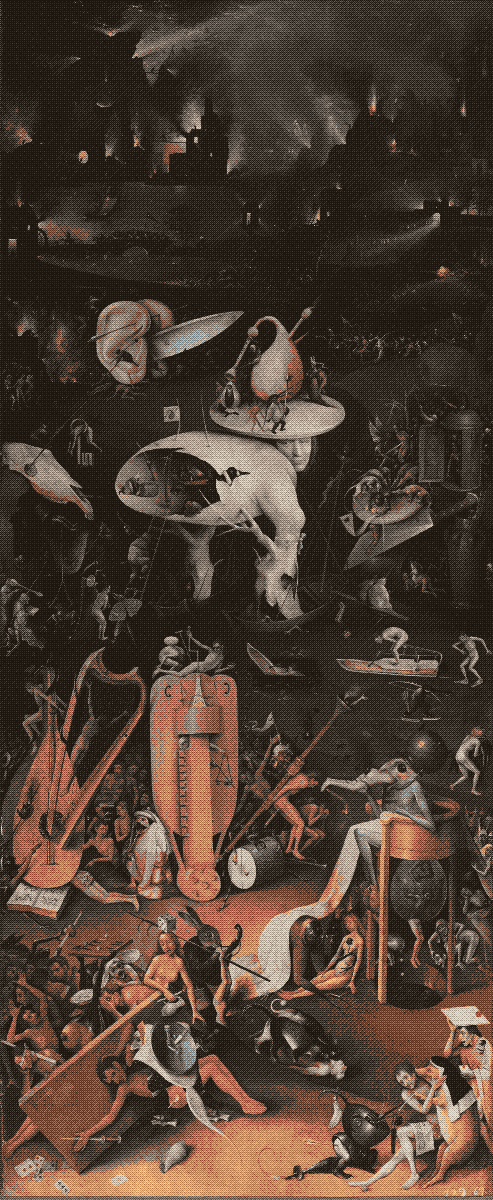 painting of hell featuring various monsters and tortures
