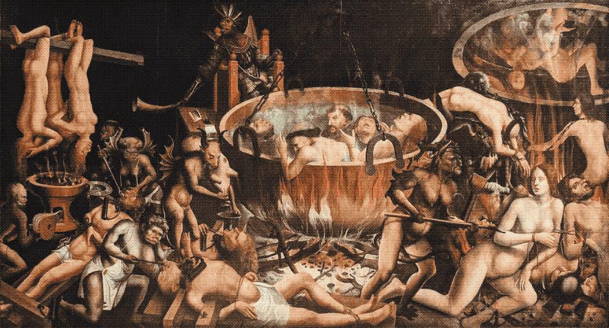 painting of hell featuring various monsters and tortures