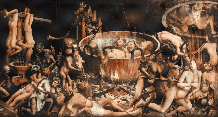 painting of hell featuring various monsters and tortures