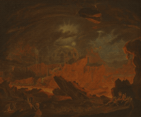 painting of a red landscape of rocks and fire with a sky obscured by dark clouds