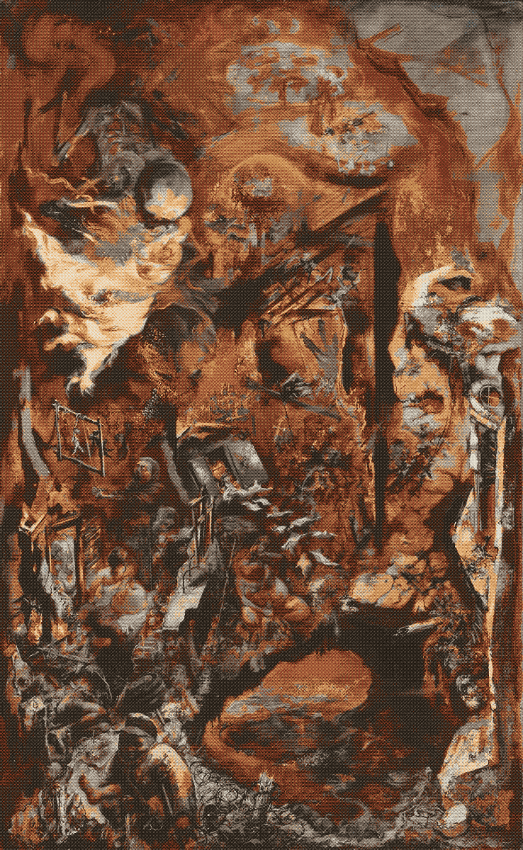 painting of grotesque figures and violent acts set against a hellish, subterranean landscape