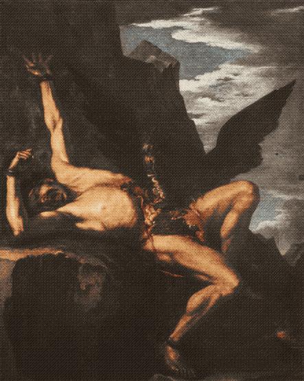 painting of Prometheus chained to a rock having his guts ripped out by an eagle