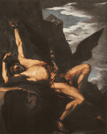 painting of Prometheus chained to a rock having his guts ripped out by an eagle