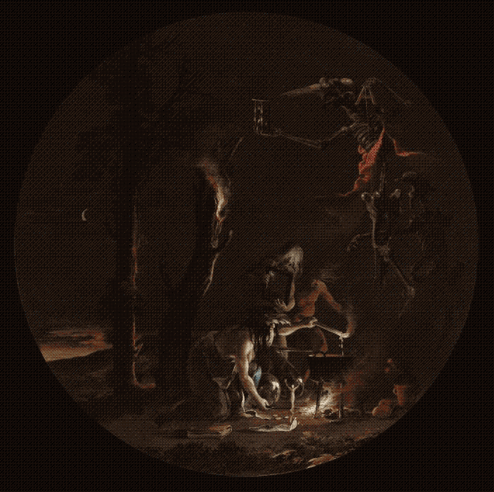 circular painting of witches engaging in a ritual as a skeleton floats over them