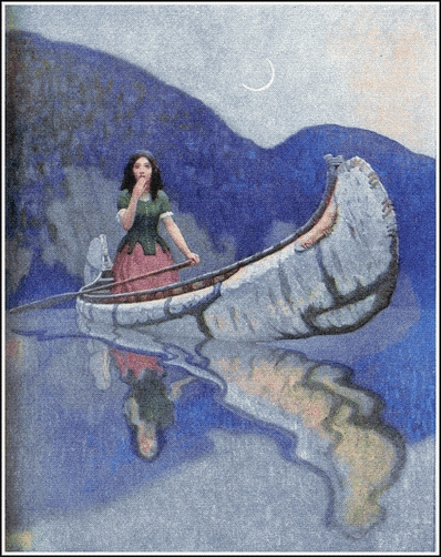 painting of a woman on a boat in a lake with a crescent moon behind her