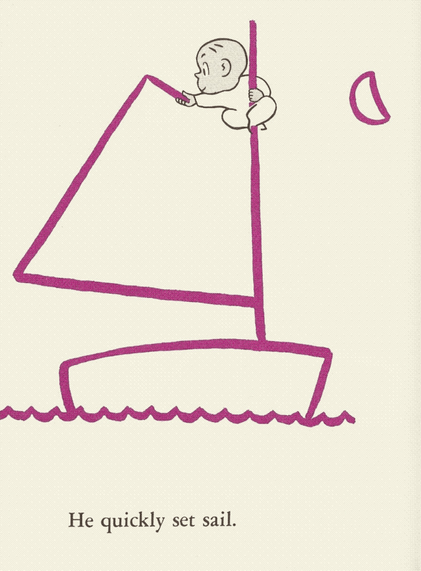 illustration of a little boy drawing a window in purple crayon