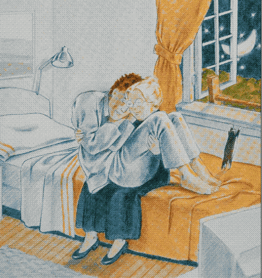 a page from a picture book featuring an illustration of an old woman cradling an adult man in his bed while he sleeps