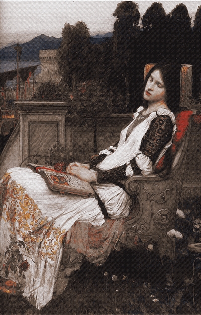 a painting of a woman dozing in a chair outside with a book in her lap