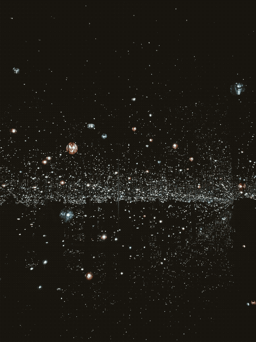 a dark space filled with balls of light