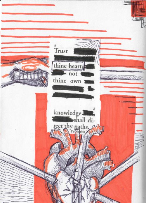 blackout poem made out of Christian tract and marker and ink drawings of a heart pierced by swords and a hand holding a sword aloft