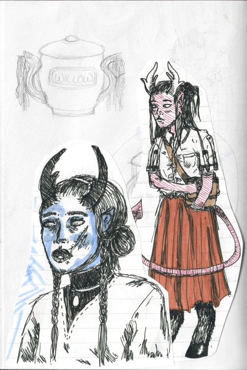 sketches of a tiefling (my d&d character) in black ink and colored markers