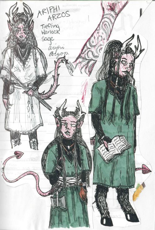 sketches of a tiefling (my d&d character) in black ink and colored markers