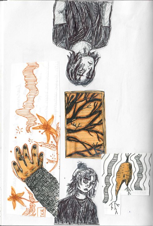 pen and marker sketches of people, tree branches, a hand, a carrot