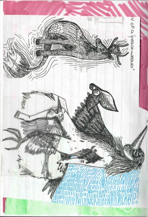 ink sketches of a deer with a tail, a girl turning into a bird, a heron