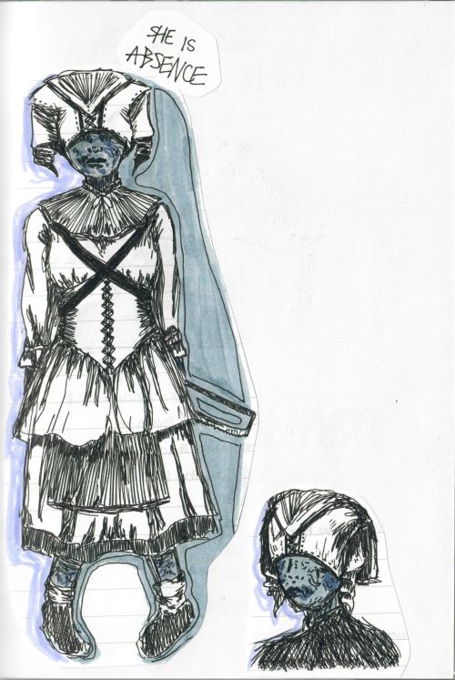 ink and marker sketches of the undead nurses from the House of Healing in Baldur's Gate 3
