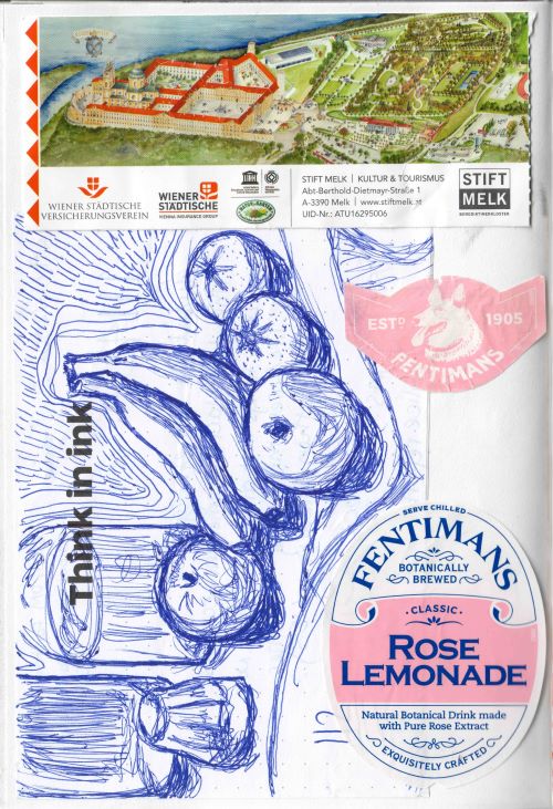 Vienna collage - still life sketch of fruits and glasses, a museum ticket, labels from a drink
