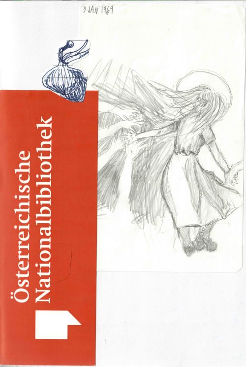Vienna collage - drawing of a woman reaching back for many disembodied hands, a museum ticket, a sketch of garlic