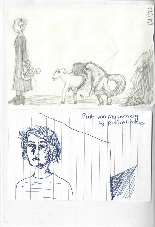 Vienna collage - sketch of woman with lyre being followed by a chimera, a sketch of the painting Ruth von Mayenburg by Rudolf Hausner