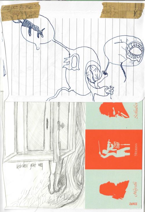 Vienna collage - surreal sketch, sketch of a floating window and disembodied legs, a museum ticket