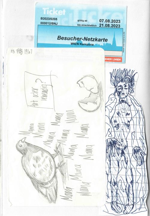 Vienna collage - sketch of a pigeon and broken egg, sketch of an Egon Schiele piece, a train ticket