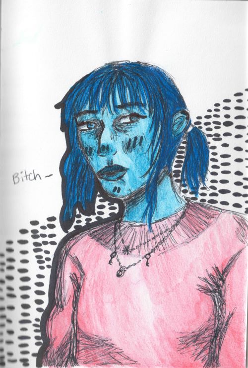 self-portrait in ink and watercolor pencil