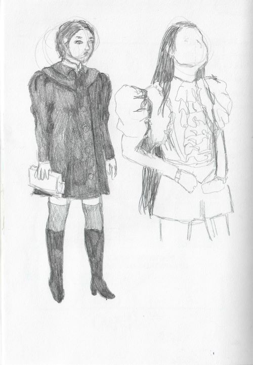 graphite sketches of Bella from the film Poor Things