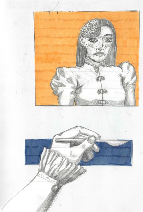 graphite sketch of Bella from Poor Things and a hand holding a scalpel, with marker backgrounds