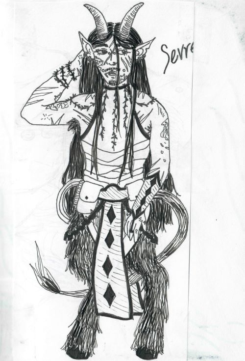 ink sketch of a satyr covered in scars, piercings, and barbed wire (a d&d character)