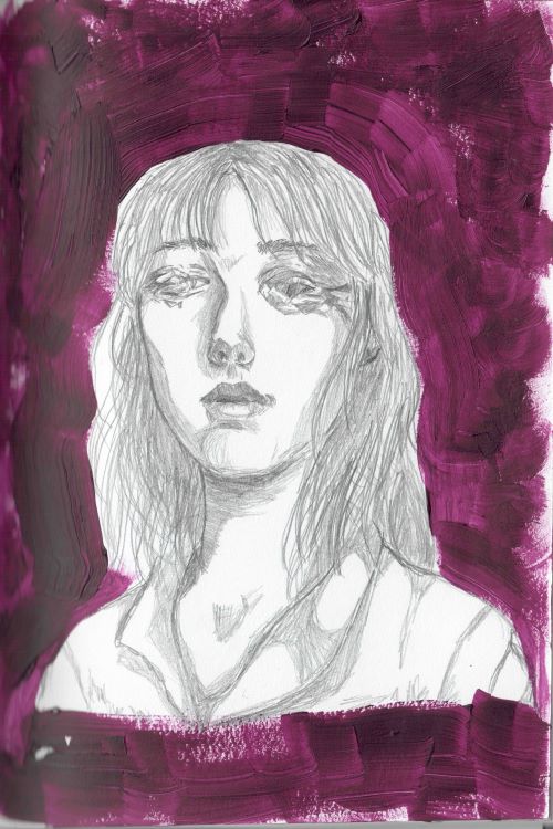 a graphite portrait with messed up eyes, acryclic paint background