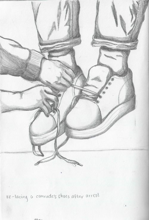graphite drawing of two different hands lacing someone else's shoe