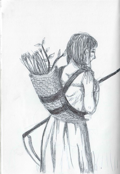 ballpoint pen sketch of a woman holding a scythe and carrying a cornucopia on her back