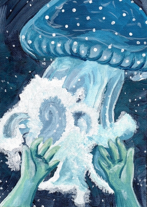 painting of a jellyfish with a pair of human hands reaching toward it
