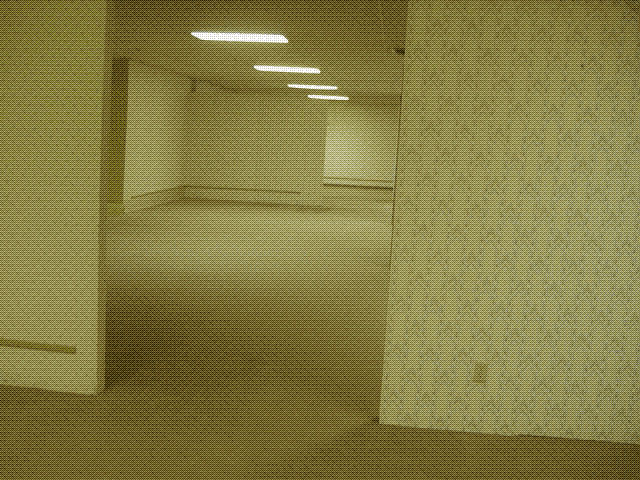 an empty room seen through a wide doorway at a tilted angle, with faded yellow wallpaper and slightly impossible angles and dimensions