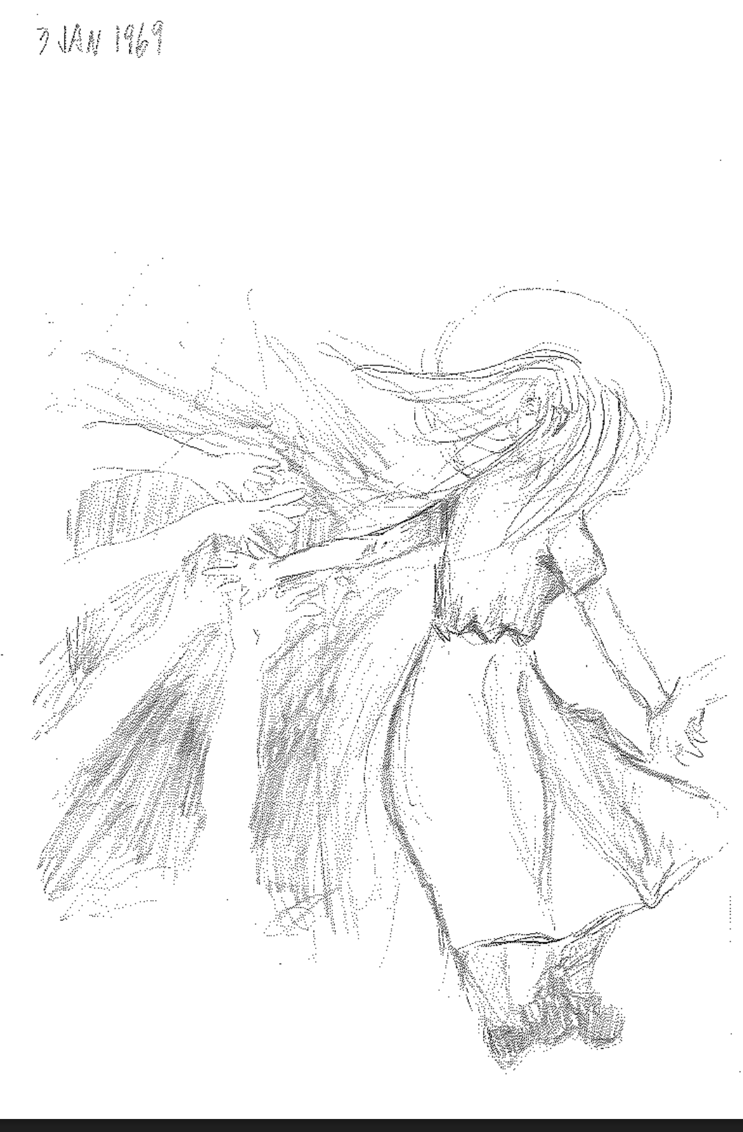 sketch of a woman reaching back toward many disembodied hands