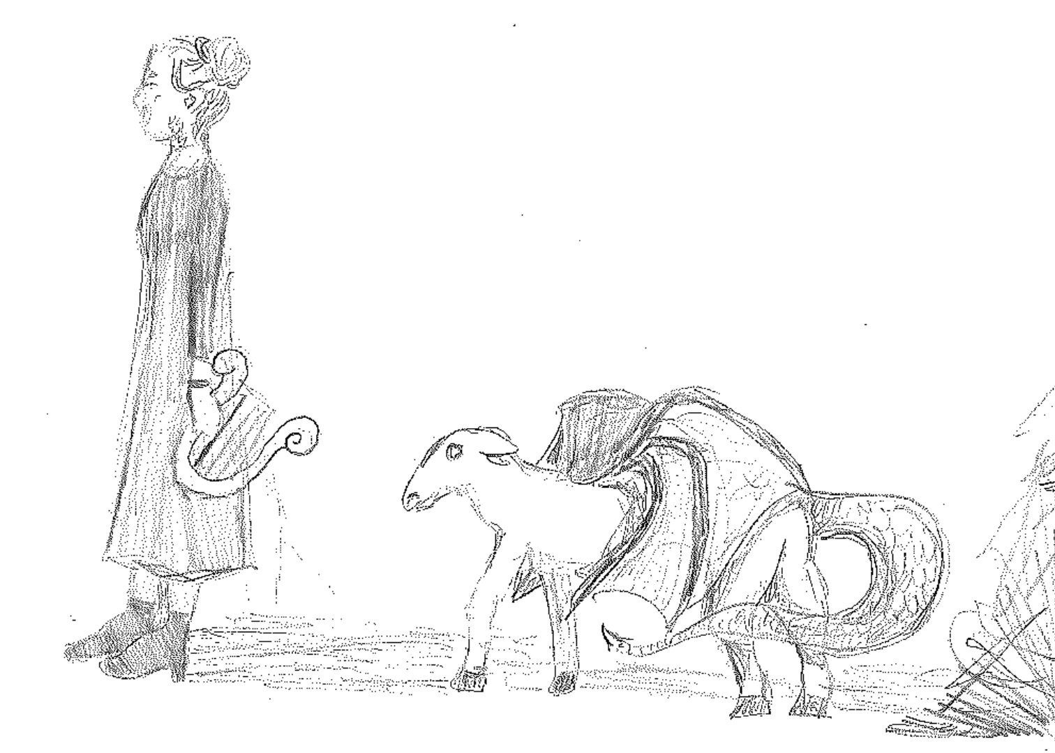 sketch of a woman holding a lyre with a chimera-like creature behind her