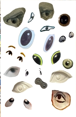 a white backdrop with a collage of various eyes cut out and arranged together