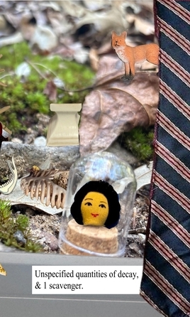 collage of various trinkets set against a mossy outdoor backdrop, with text reading: unspecified quantities of decay, and one scavenger