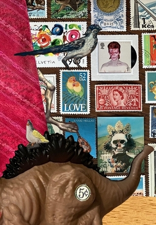collage of various trinkets set against a backdrop of stamps