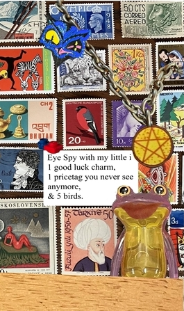 collage of various trinkets set against a backgrop of stamps with text reading: eye spy with my little i, 1 good luck charm, 1 pricetag you never see anymore, and 5 birds.